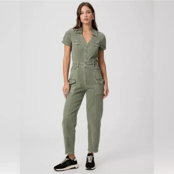 PAIGE, Alexis Olive Green Short-Sleeve Utility Jumpsuit - Picture 1 of 6